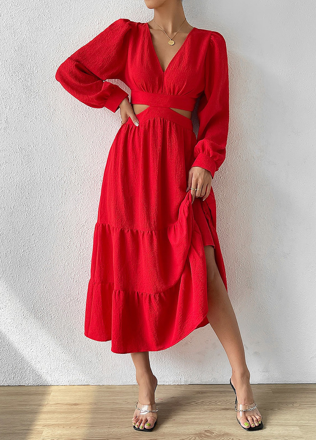 Красное кэжуал платье в стиле ампир, с открытой спиной SHEIN однотонное