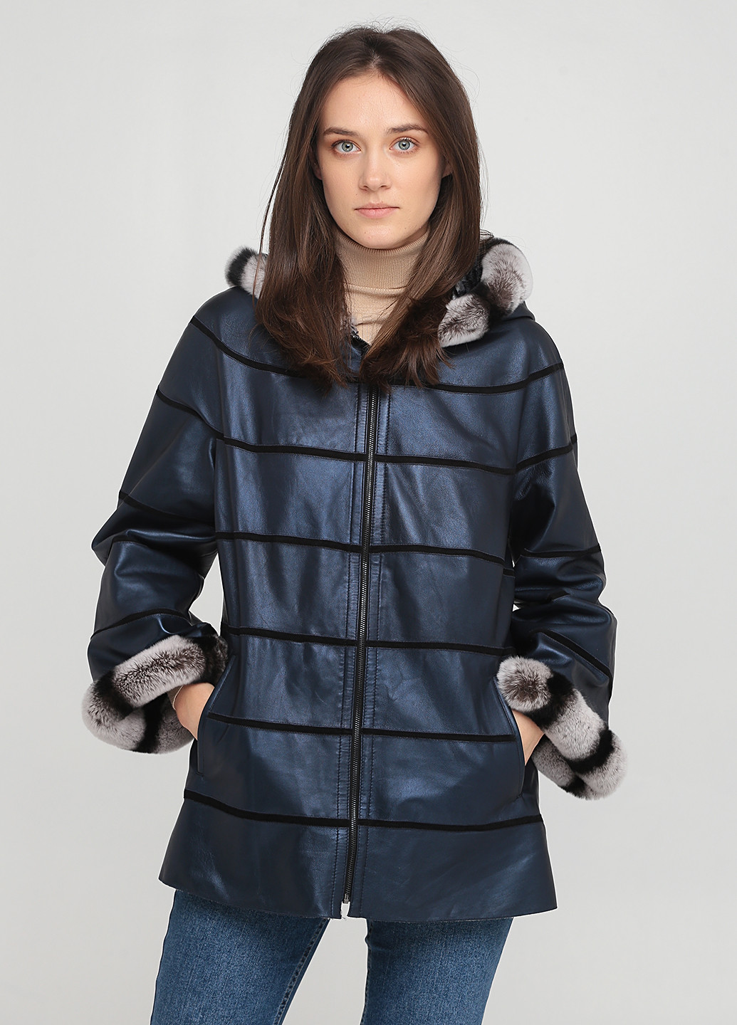 Темно-синяя зимняя куртка кожаная двусторонняя Leather Factory