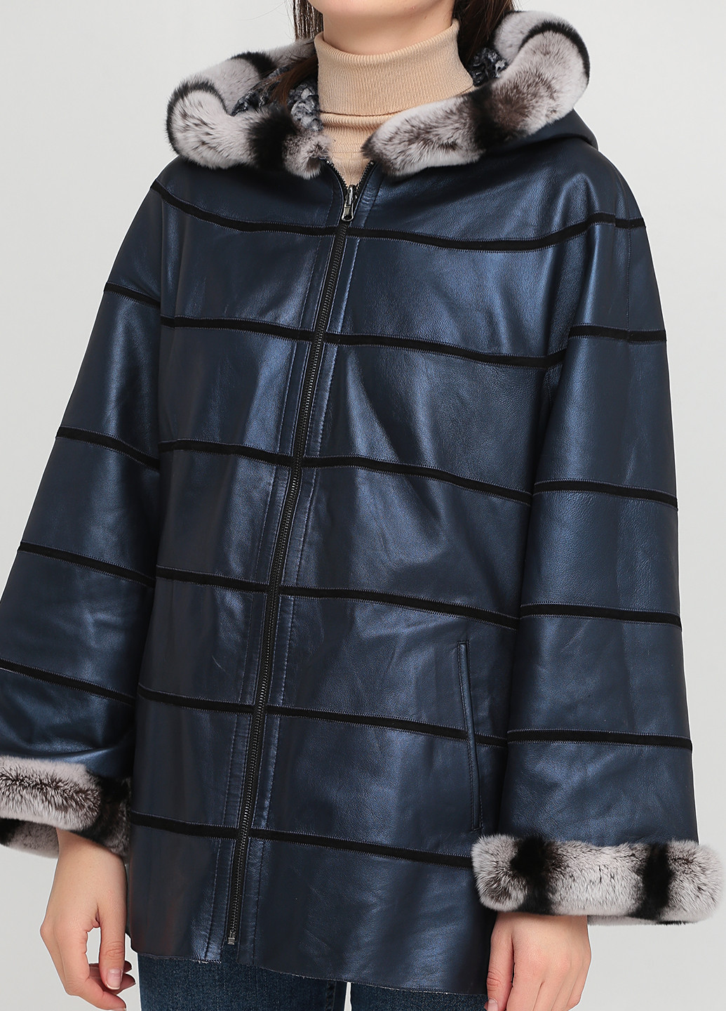 Темно-синяя зимняя куртка кожаная двусторонняя Leather Factory
