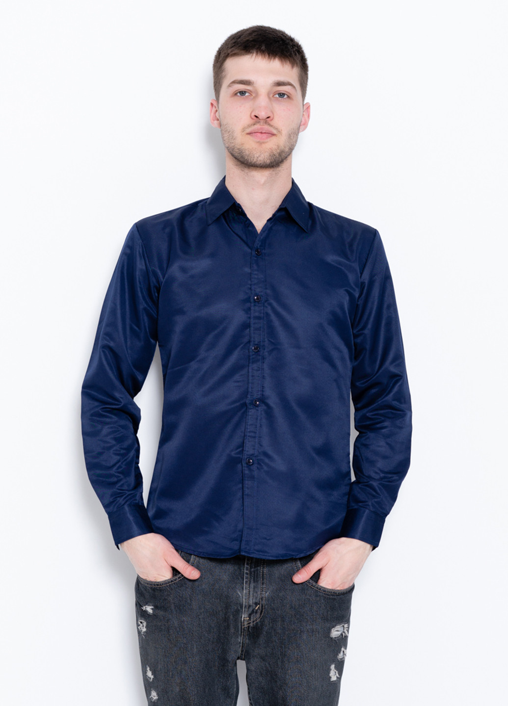 Темно-синяя кэжуал рубашка однотонная ISSA PLUS с длинным рукавом