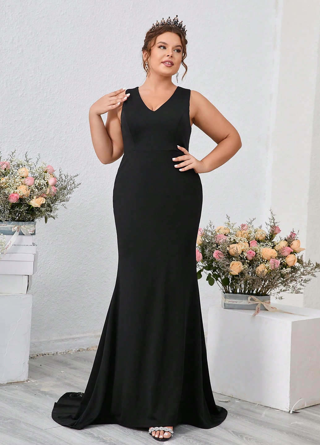 Черное праздничный, вечернее платье со шлейфом SHEIN однотонное