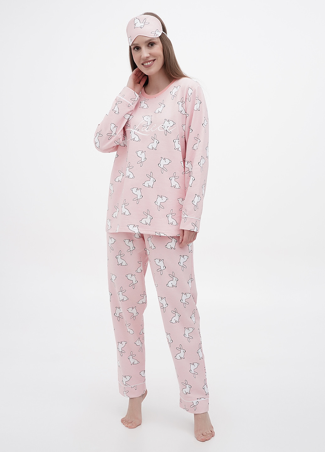Розовая всесезон пижама (лонгслив, брюки, маска) Lucci