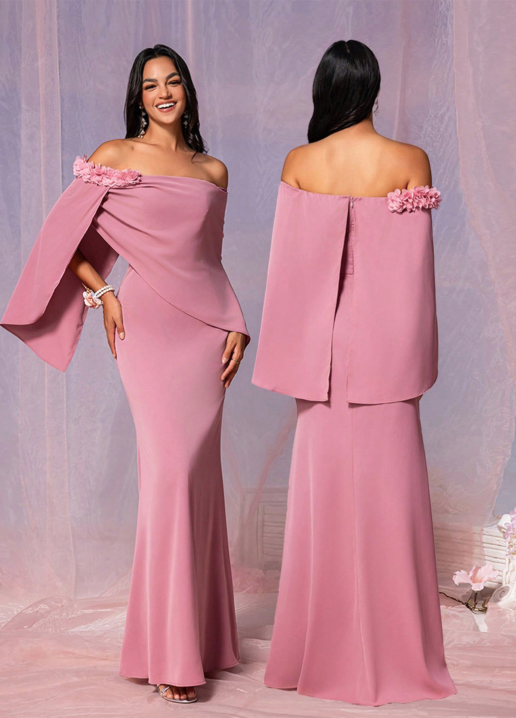 Світло-рожева вечірня сукня з відкритими плечима, годе SHEIN однотонна