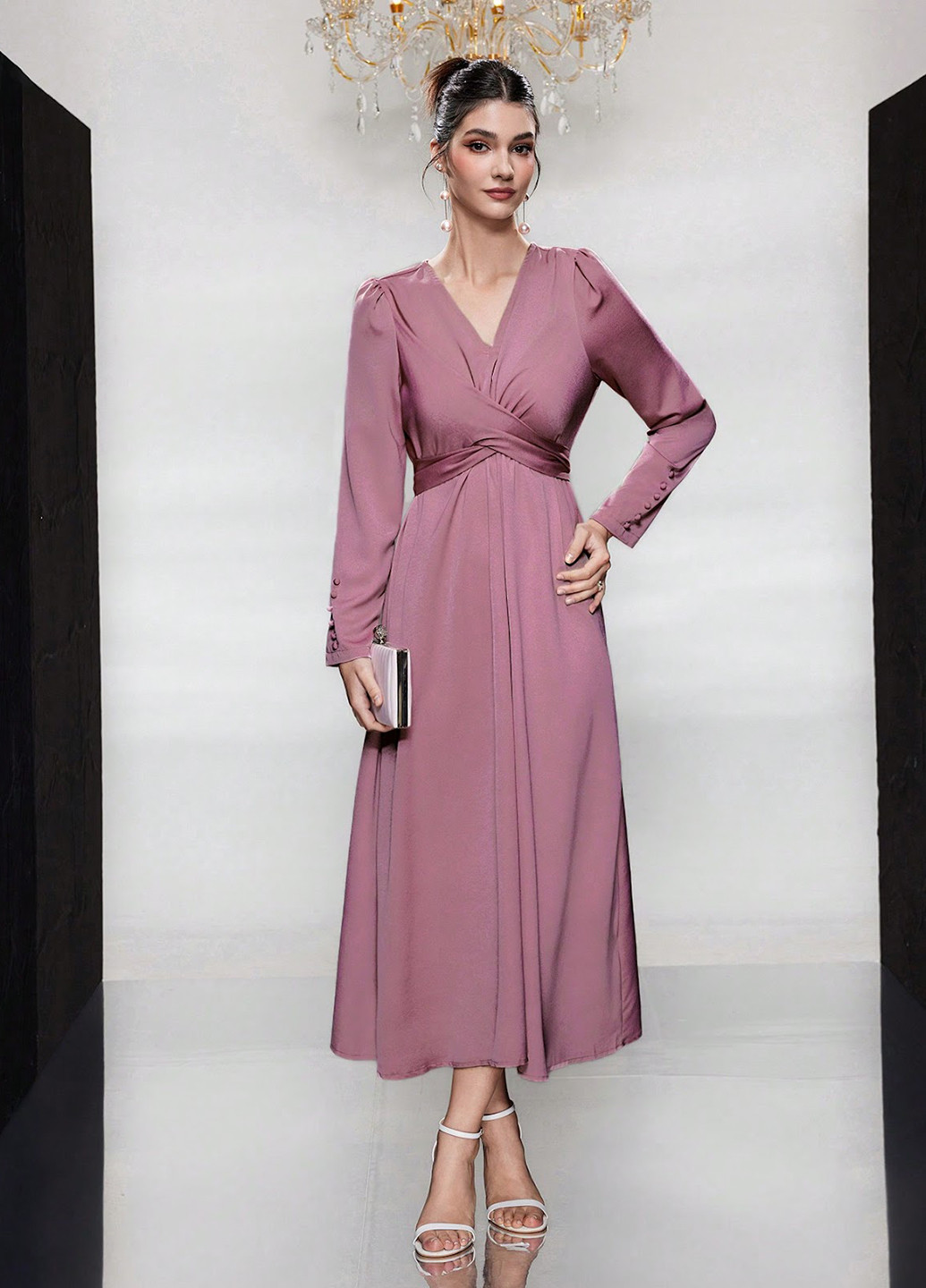 Розово-коричневое деловое, коктейльное платье в стиле ампир SHEIN однотонное