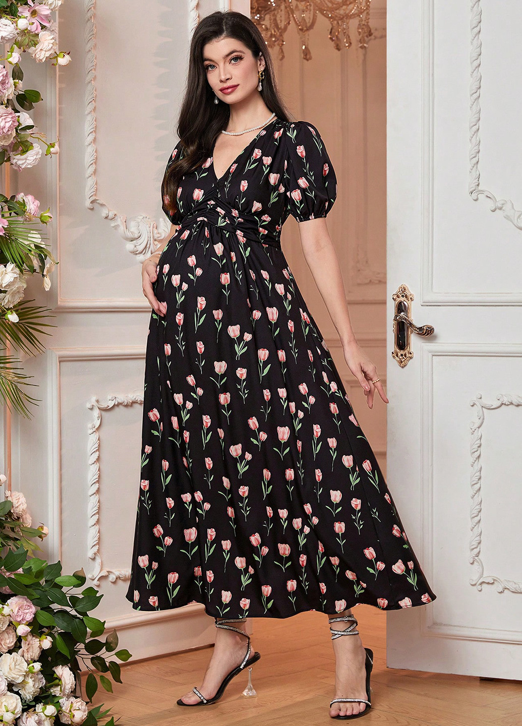 Черное вечернее, кэжуал платье для беременных в стиле ампир SHEIN с цветочным принтом