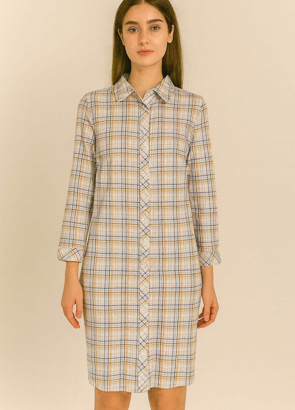 Голубое кэжуал платье рубашка Sassofono в клетку