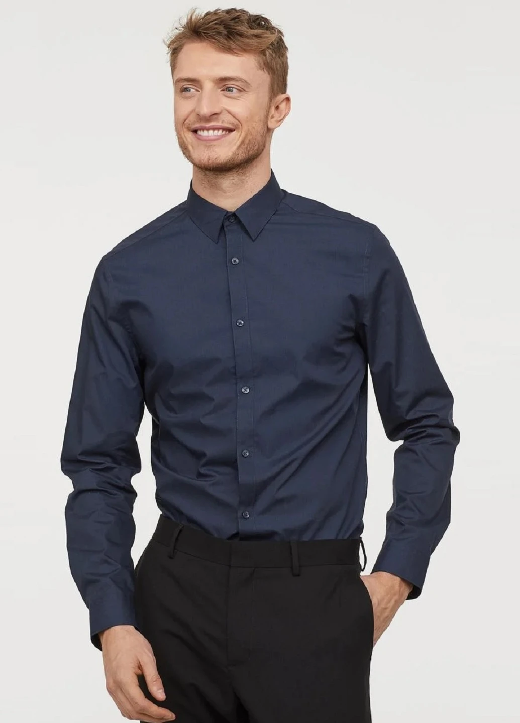 Темно-синяя рубашка однотонная H&M