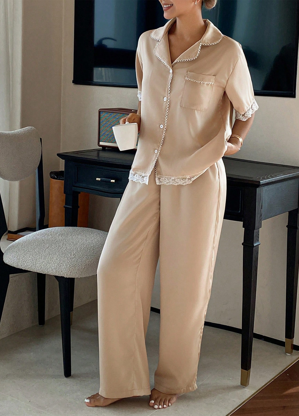 Бежева всесезон піжама (блуза, штани) сорочка + брюки SHEIN
