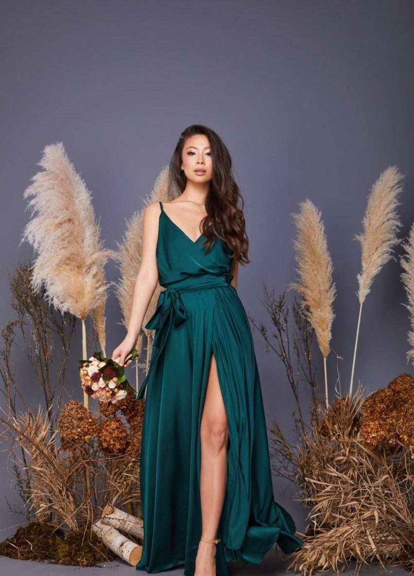 Смарагдова вечірня плаття з спідницею-сонце, а-силует, на запах JadFashion однотонна