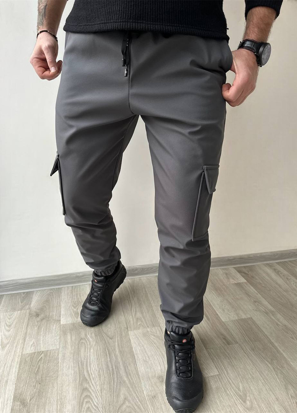 Темно-серые спортивные, кэжуал зимние карго брюки No Brand
