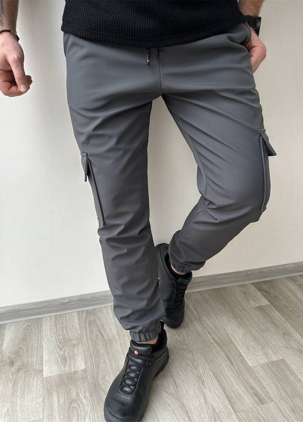 Темно-серые спортивные, кэжуал зимние карго брюки No Brand