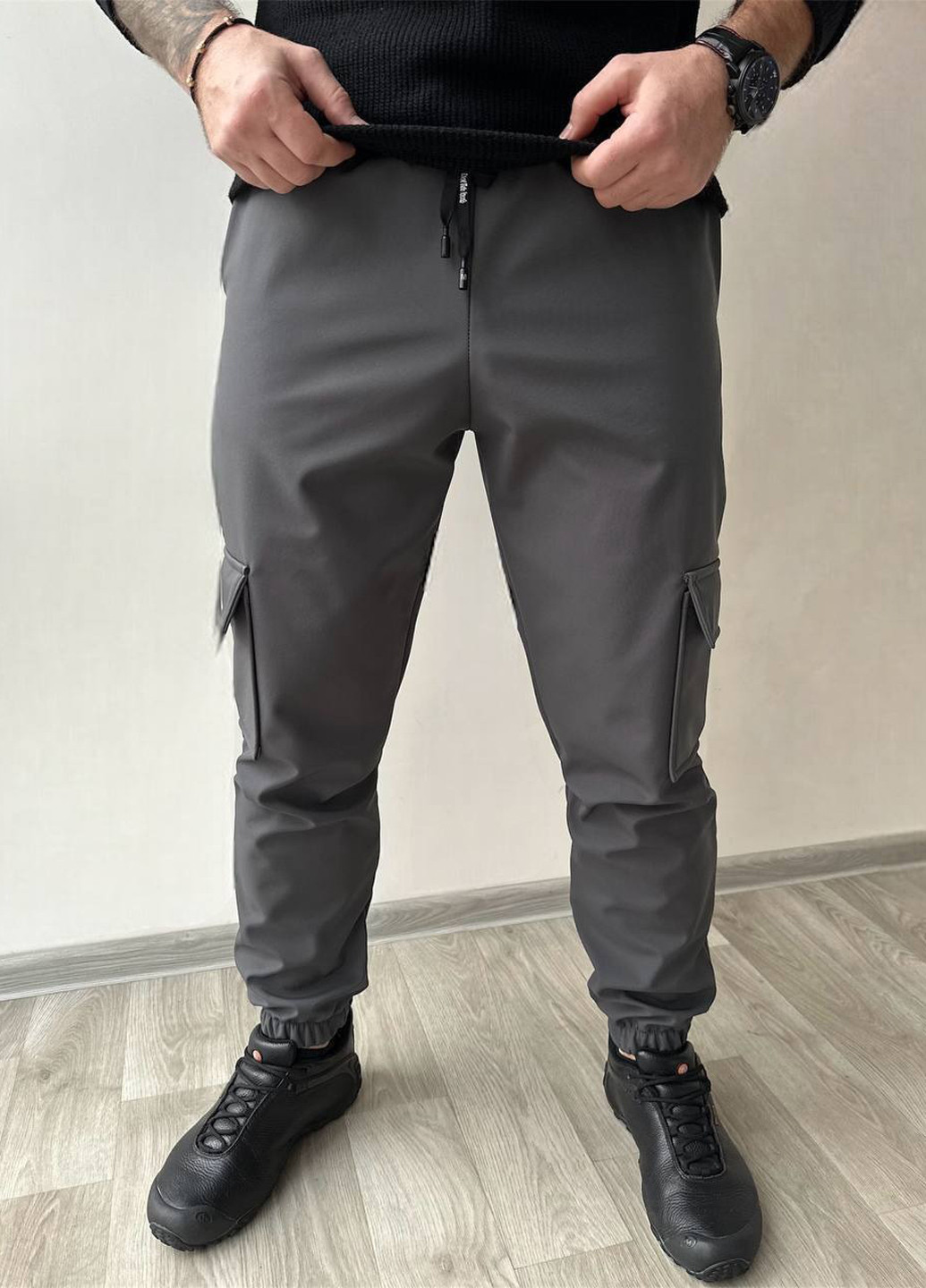 Темно-серые спортивные, кэжуал зимние карго брюки No Brand
