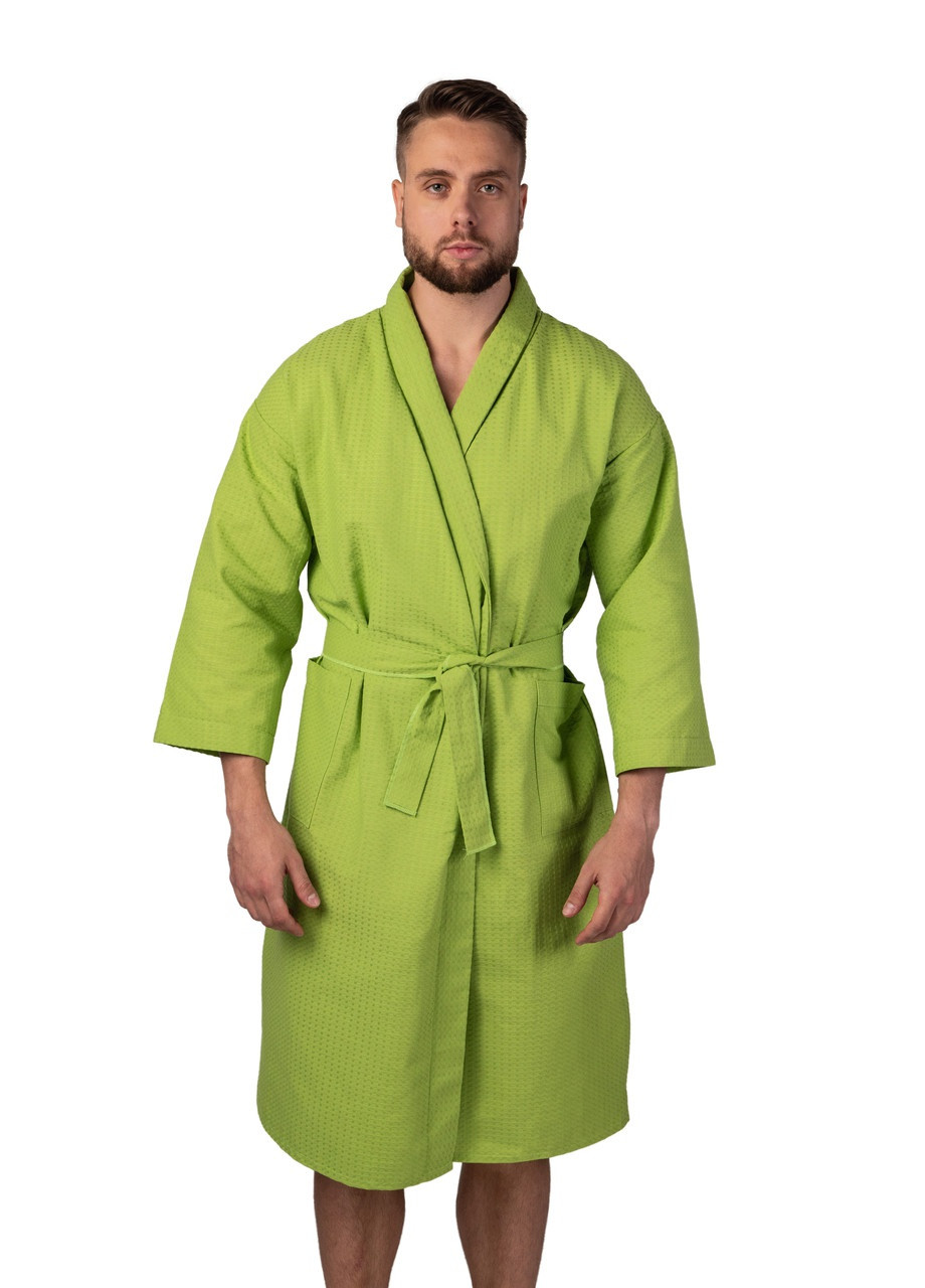 Вафельний халат Кімоно розмір (54-56) XL 100% бавовна оливковий (LS-0419) Luxyart (212022031)