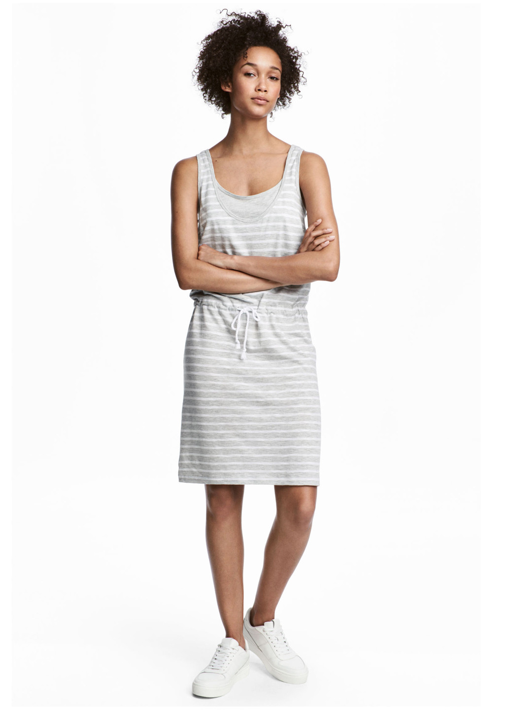 Светло-серое кэжуал платье а-силуэт H&M в полоску