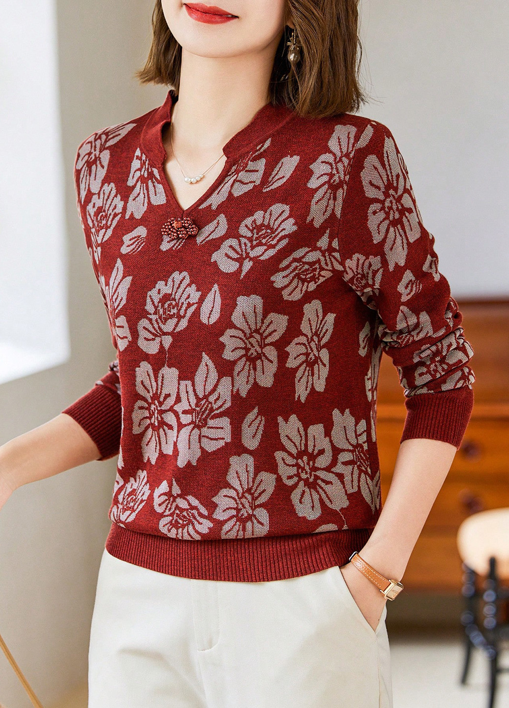 Темно-красный демисезонный свитер SHEIN