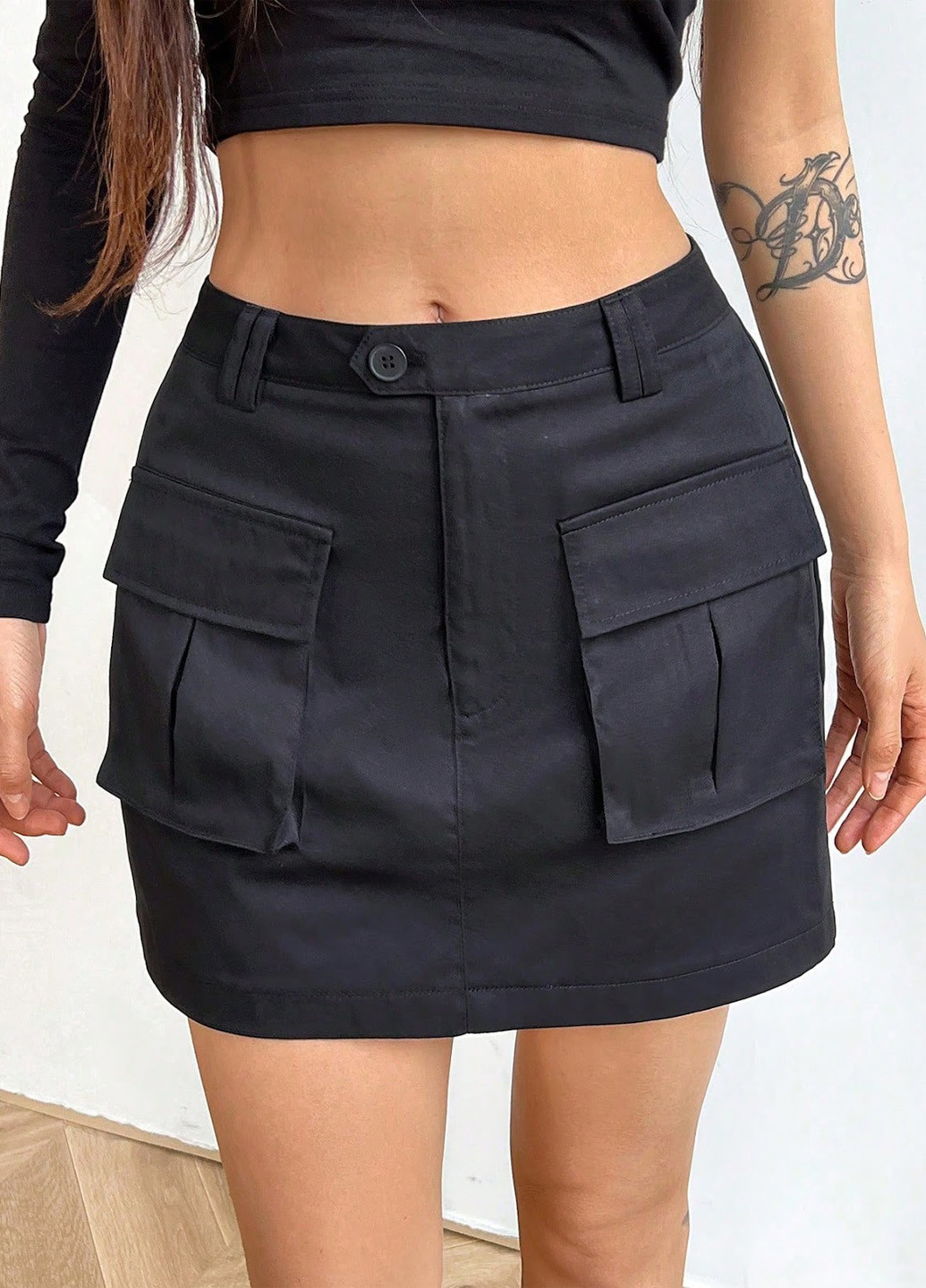 Черная кэжуал однотонная юбка SHEIN карго