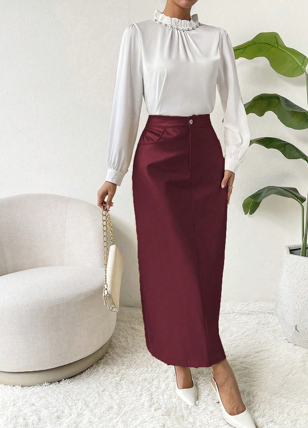 Бордовая кэжуал однотонная юбка SHEIN карандаш