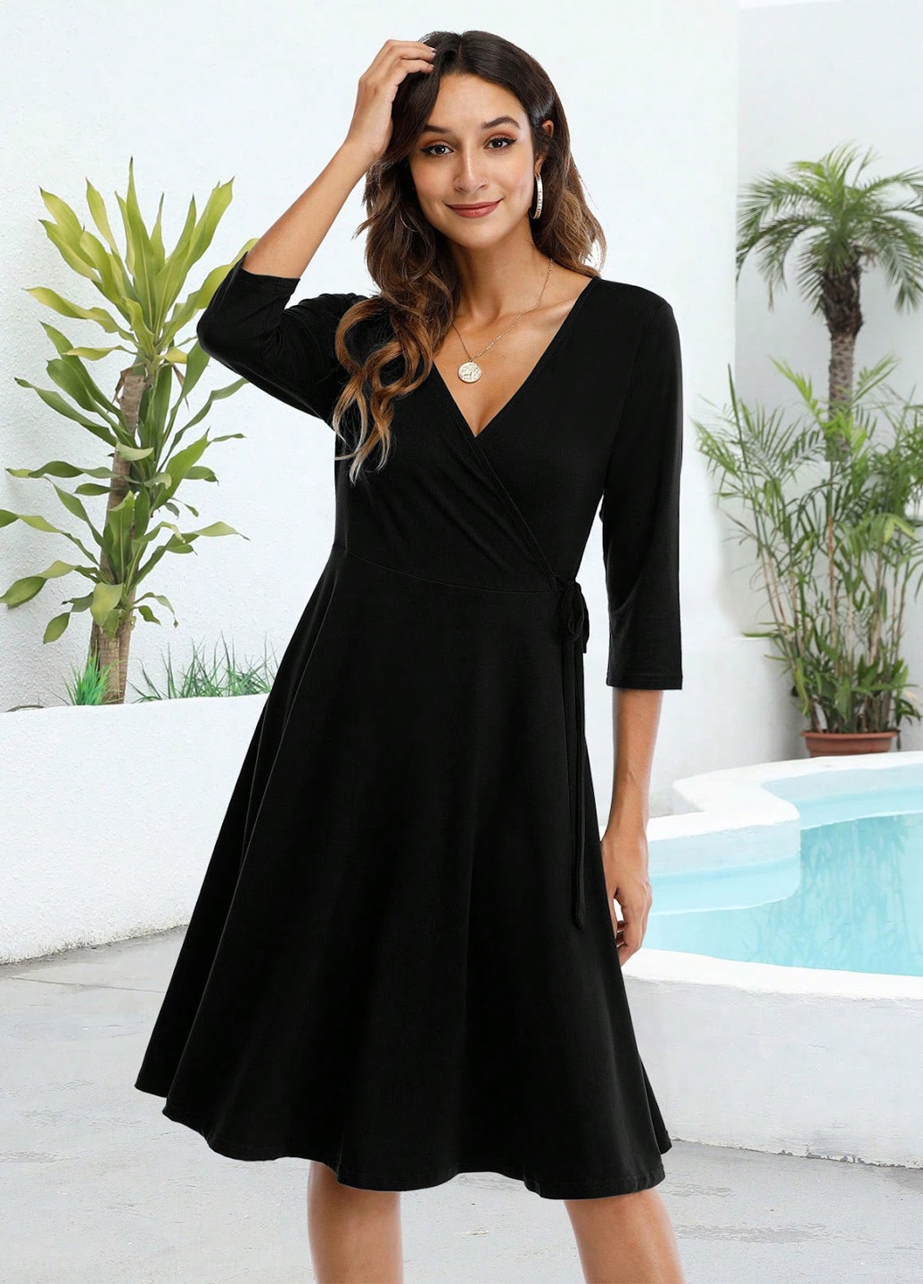 Чорна кежуал сукня на запах, а-силует SHEIN однотонна