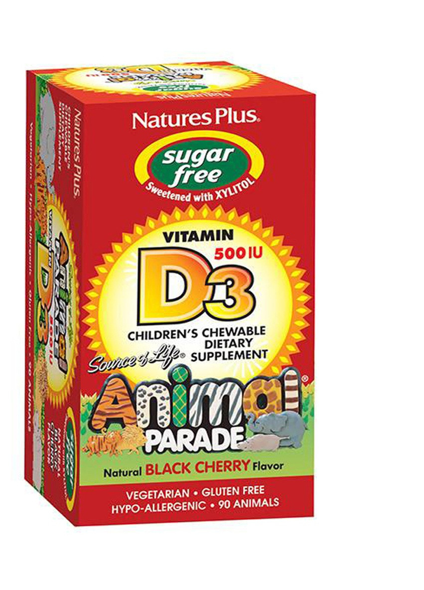 Витамин D3 для Детей без Сахара, Вкус Черной Вишни, Animal Parade,, 90 жевательных таблеток Natures Plus (225714642)