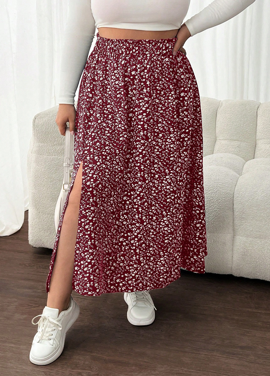 Бордовая кэжуал цветочной расцветки юбка SHEIN клешированная