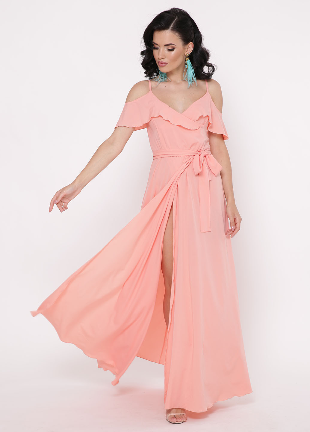 Персиковое кэжуал платье на запах TessDress однотонное