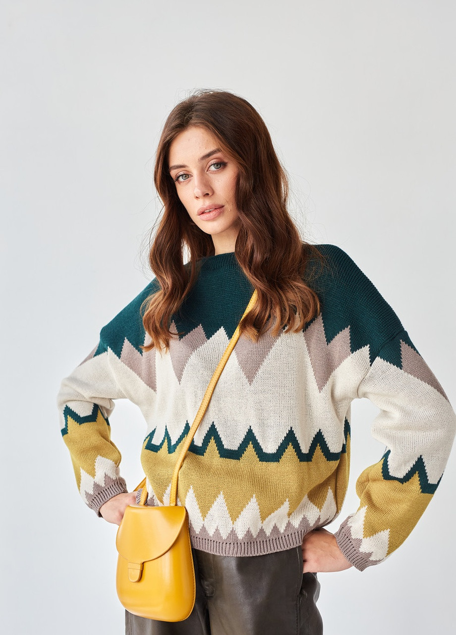 Джемпер Лана изумрудный из лен + фисташка + кофе MEREZHKA (254774426)