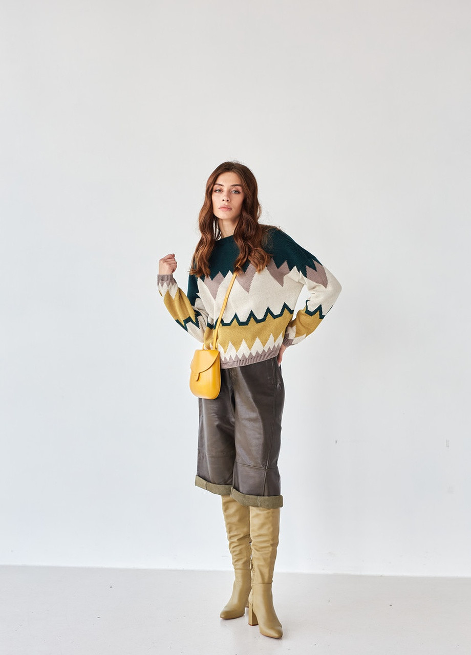 Джемпер Лана изумрудный из лен + фисташка + кофе MEREZHKA (254774426)