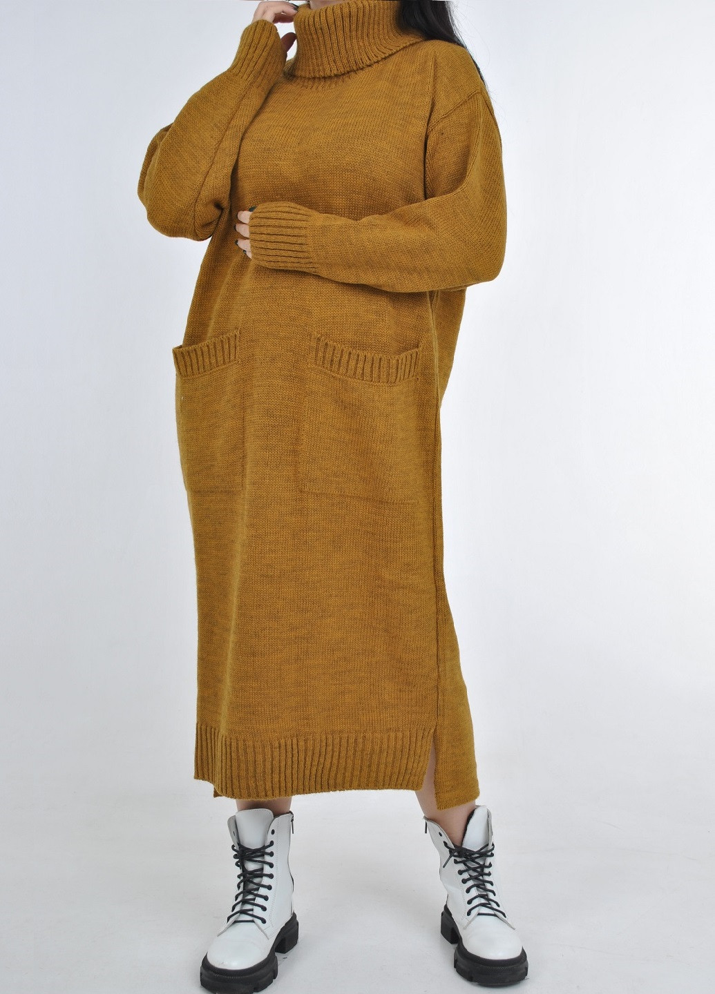 Горчичное кэжуал вязаное макси платье Fashion Club однотонное