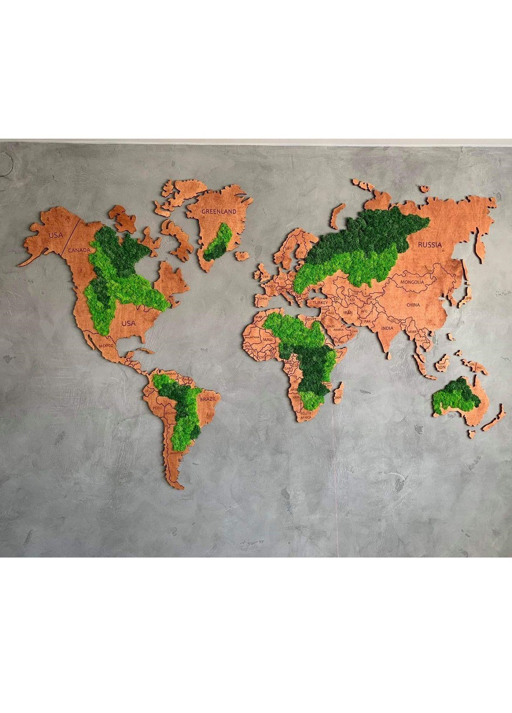 Деревянная карта мира на стену с надписями стран со мхом ручной работы 240х152 см (11314-Нов) Francesco Marconi (250351212)
