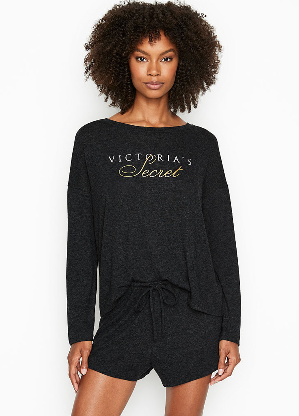 Костюм (лонгслив, шорты) Victoria's Secret логотип чёрный домашний полиэстер, трикотаж