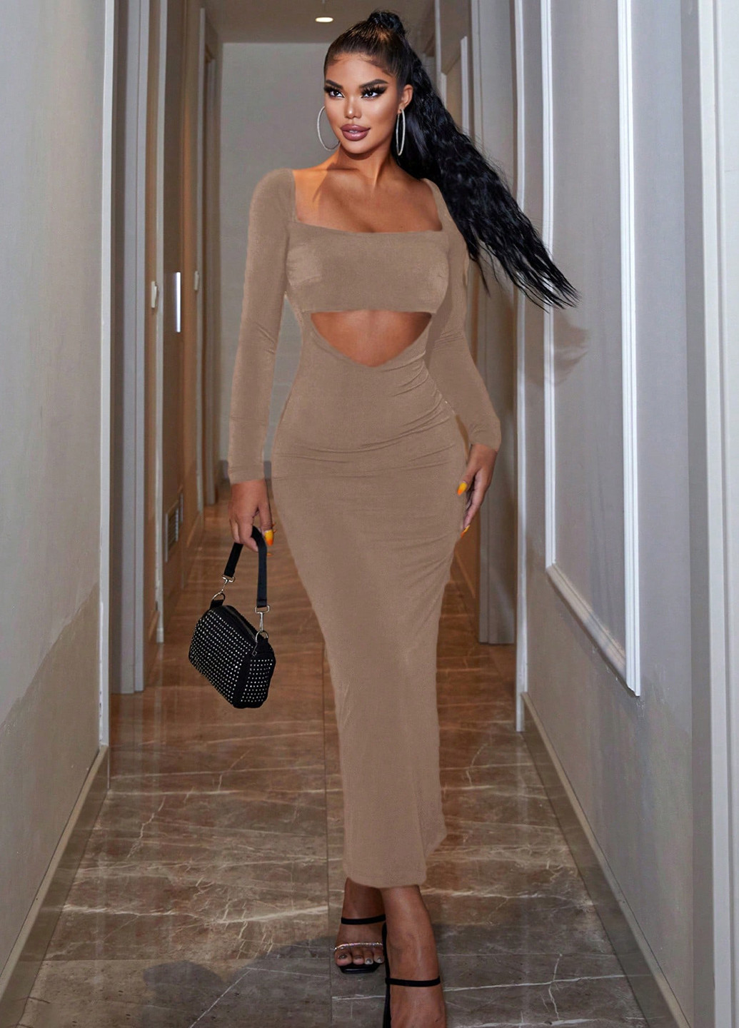 Кофейное кэжуал платье силуэтная SHEIN однотонное