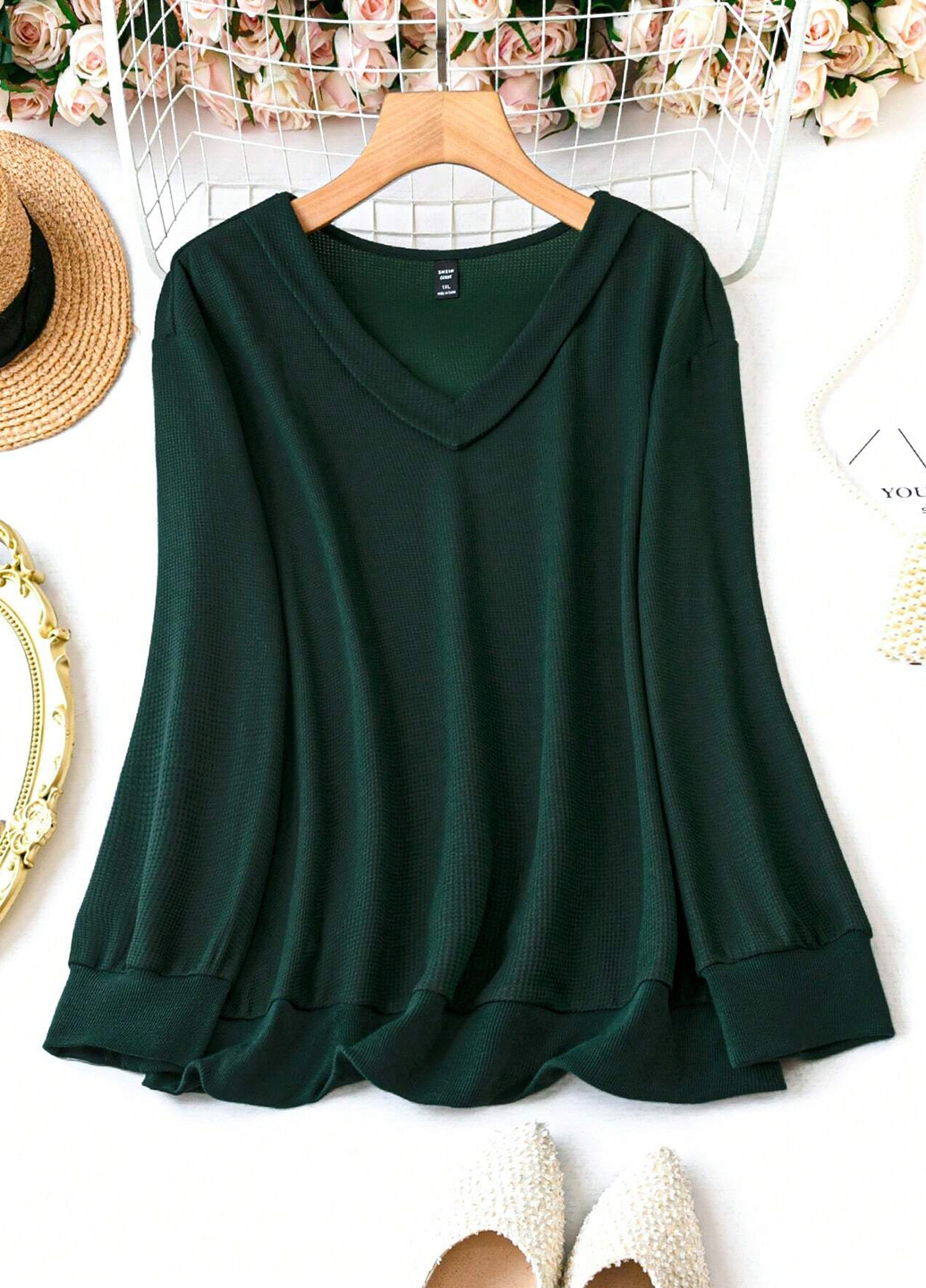 Темно-зелений світшот SHEIN однотонний без декору (308792780)