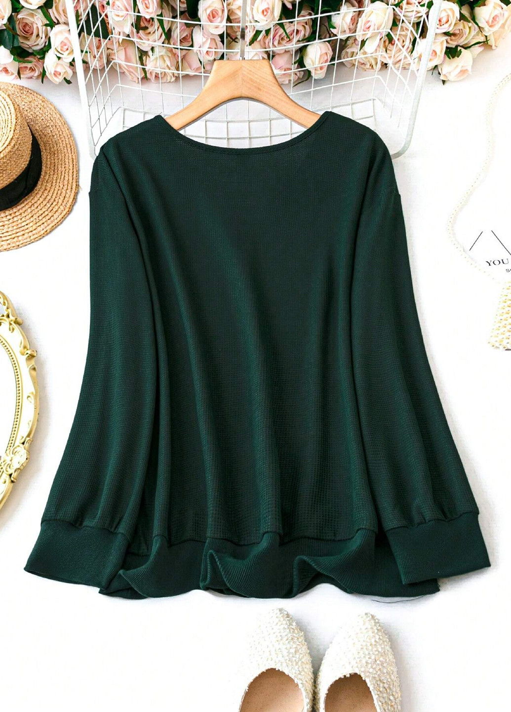 Темно-зелений світшот SHEIN однотонний без декору (308792780)