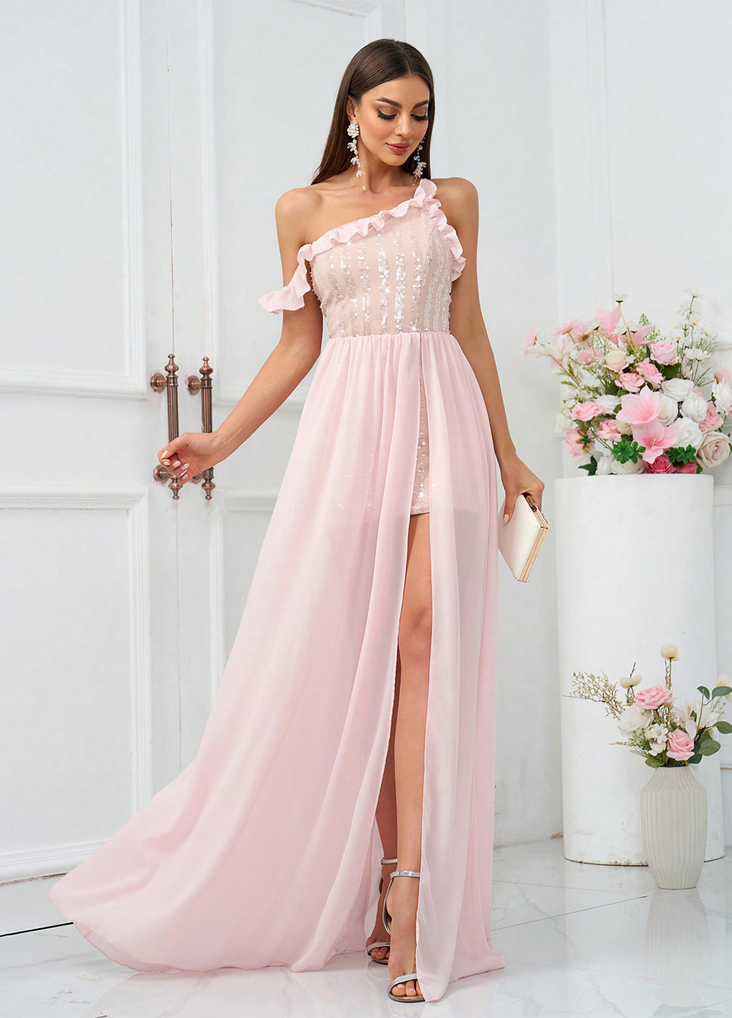 Рожева святковий, коктейльна сукня з відкритими плечима SHEIN однотонна