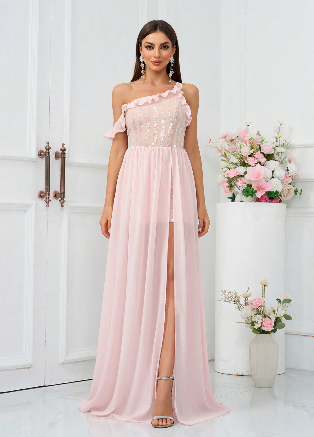 Рожева святковий, коктейльна сукня з відкритими плечима SHEIN однотонна