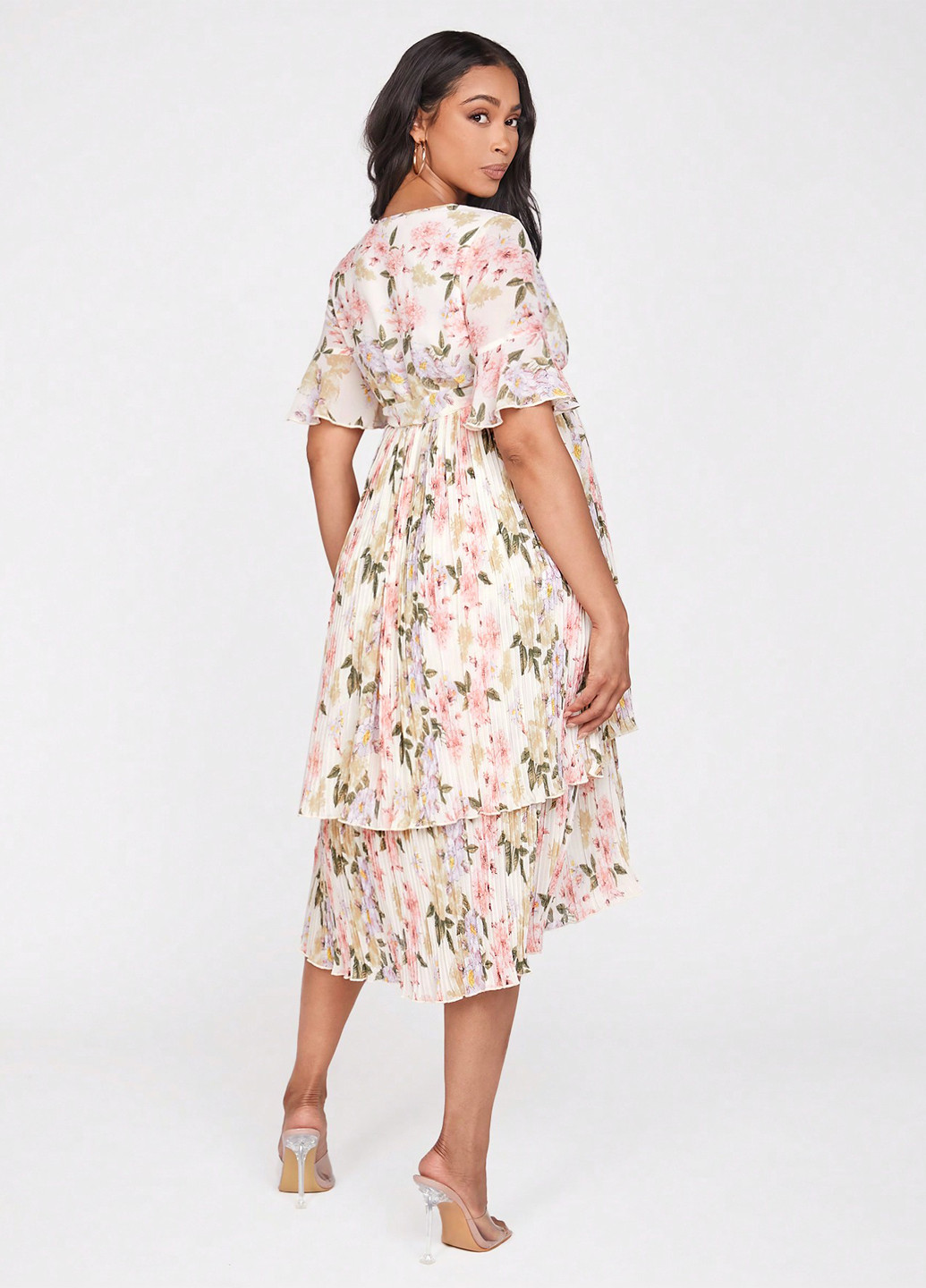 Світло-бежева святковий, кежуал сукня для вагітних на запах, а-силует, плісована SHEIN з квітковим принтом