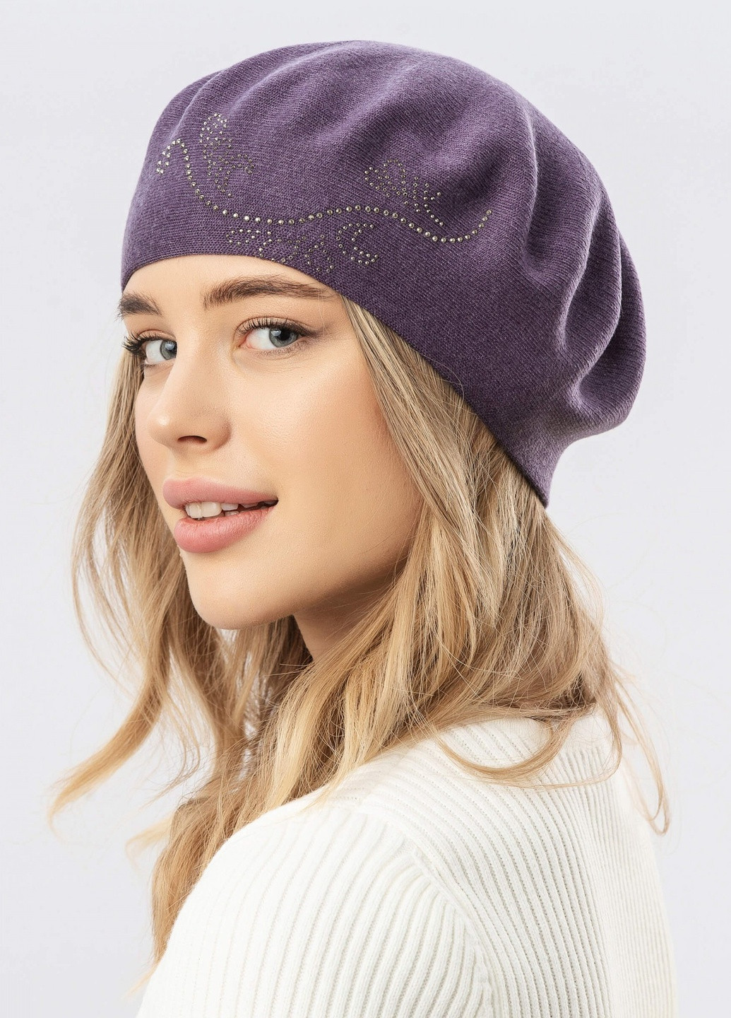 Берет двойной стрейчевый женский Cо стразами -62 56см-58см Фиолетовый W-Luxury 9260ST12 (254046434)