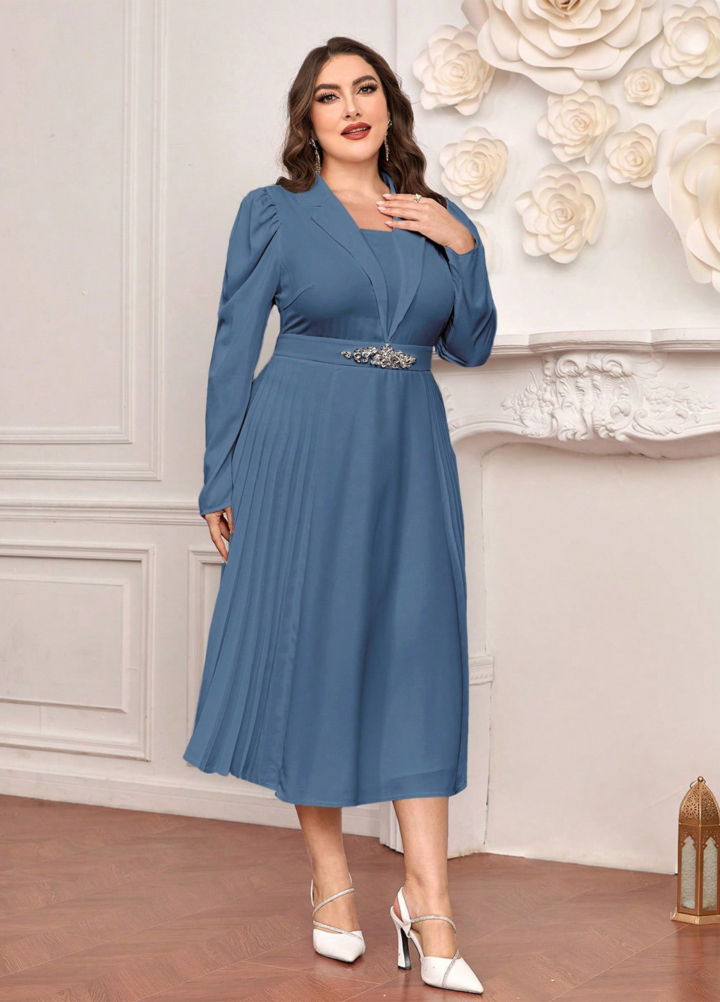 Серо-голубое праздничный платье плиссированное SHEIN однотонное