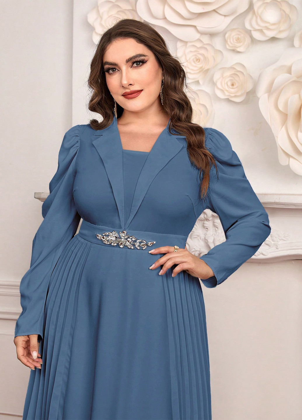 Серо-голубое праздничный платье плиссированное SHEIN однотонное