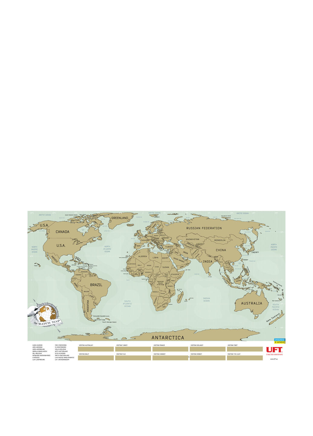 Скретч карта світу англійською мовою, 880х520 мм UFT (27688207)