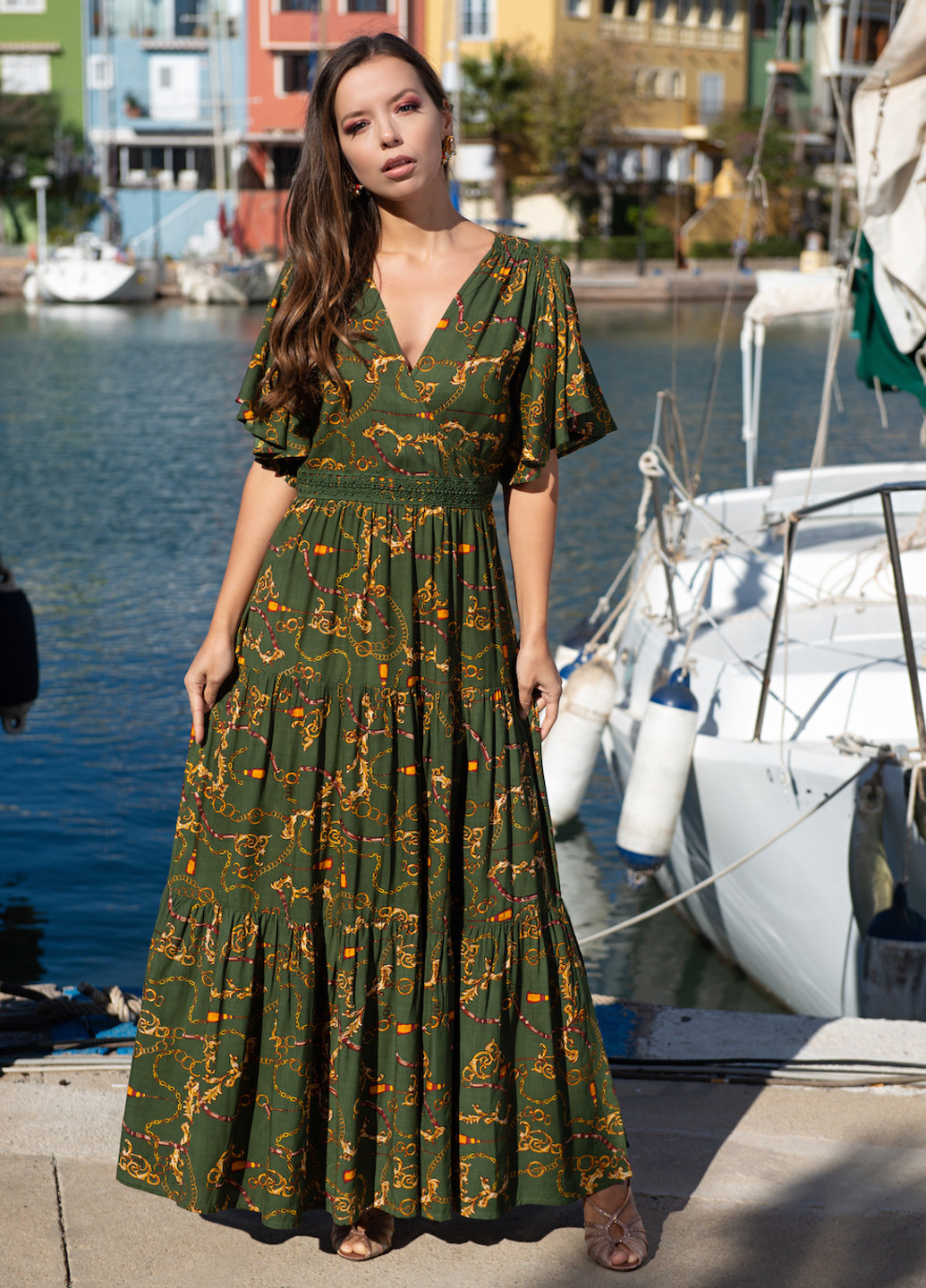 Оливкова пляжна сукня кльош Anastasea з малюнком