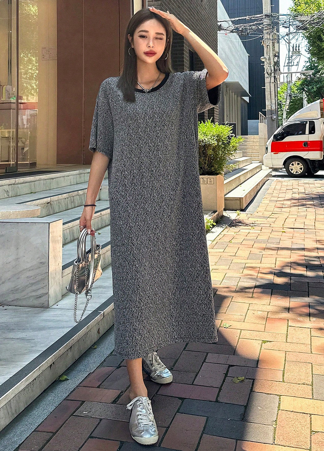 Комбинированное кэжуал платье платье-футболка SHEIN с узором «перец с солью»