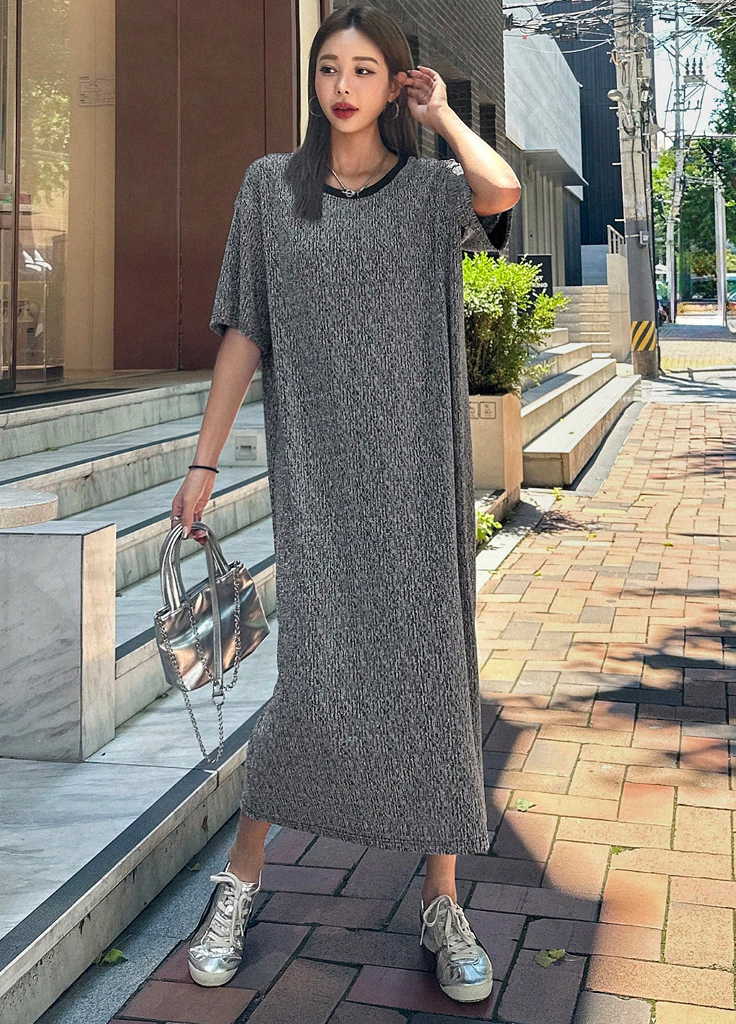 Комбинированное кэжуал платье платье-футболка SHEIN с узором «перец с солью»