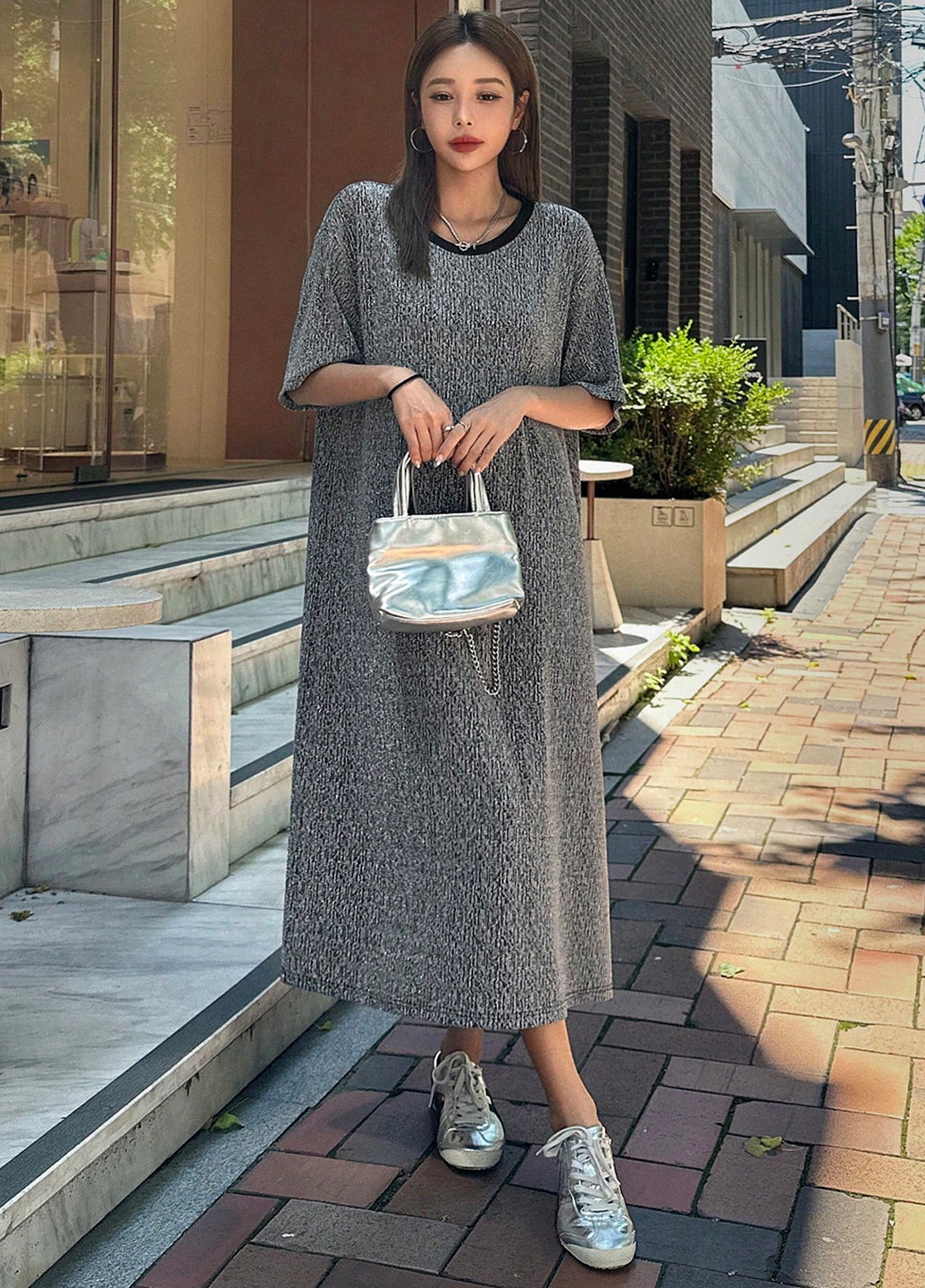 Комбинированное кэжуал платье платье-футболка SHEIN с узором «перец с солью»