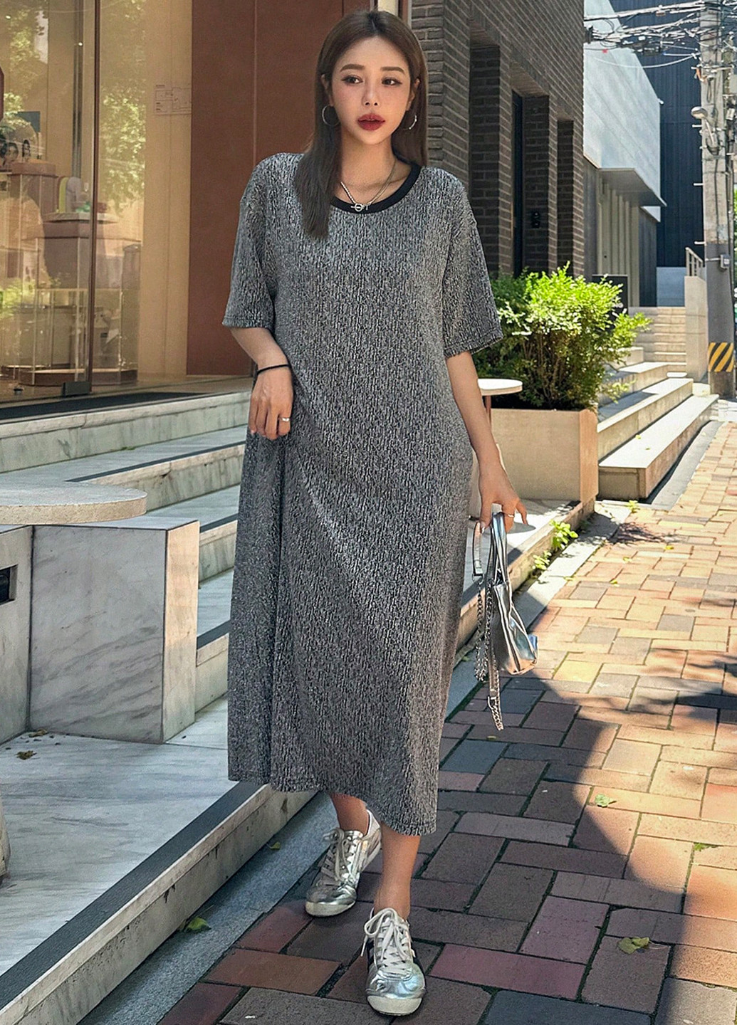 Комбинированное кэжуал платье платье-футболка SHEIN с узором «перец с солью»