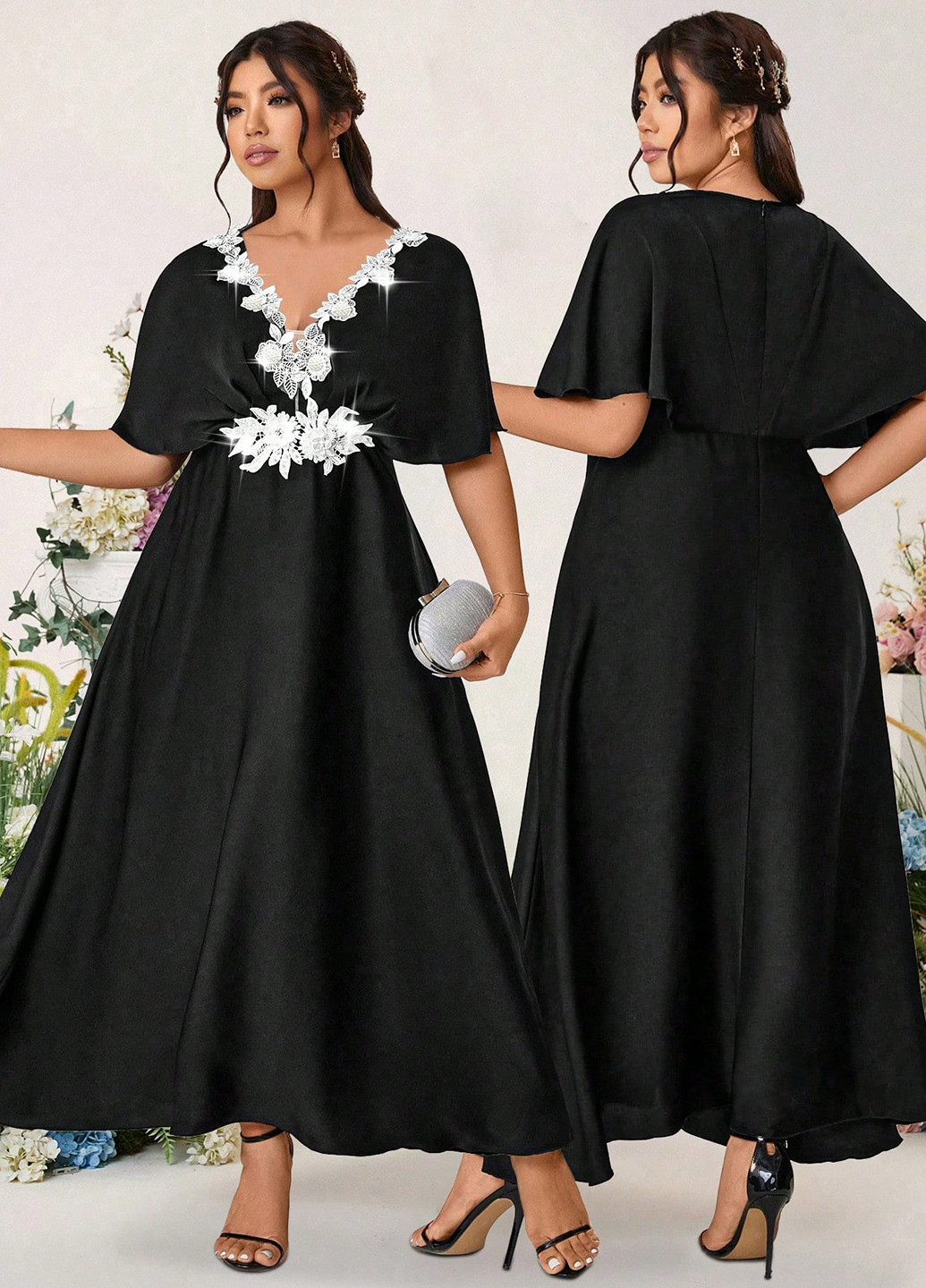 Чорна вечірня сукня з спідницею-сонце, в стилі армпір SHEIN однотонна