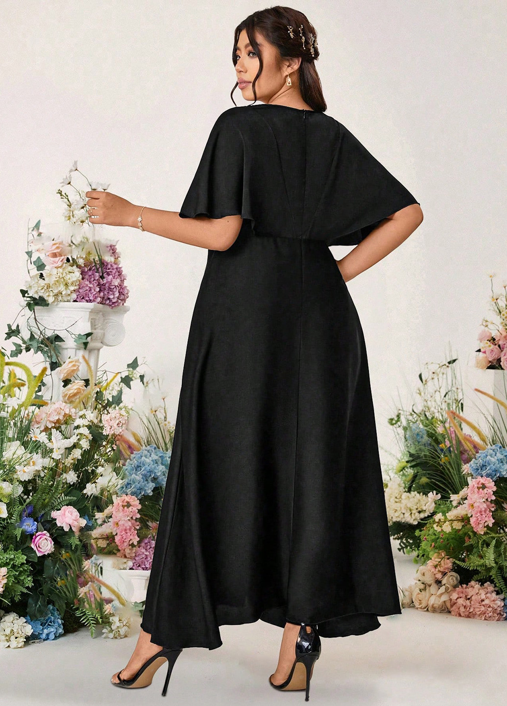 Чорна вечірня сукня з спідницею-сонце, в стилі армпір SHEIN однотонна