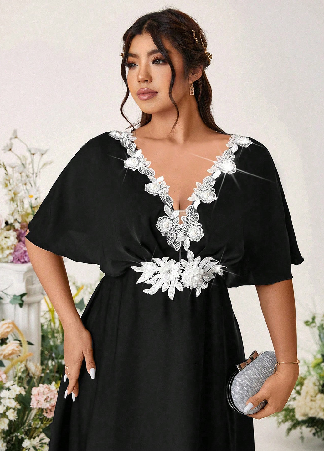 Чорна вечірня сукня з спідницею-сонце, в стилі армпір SHEIN однотонна