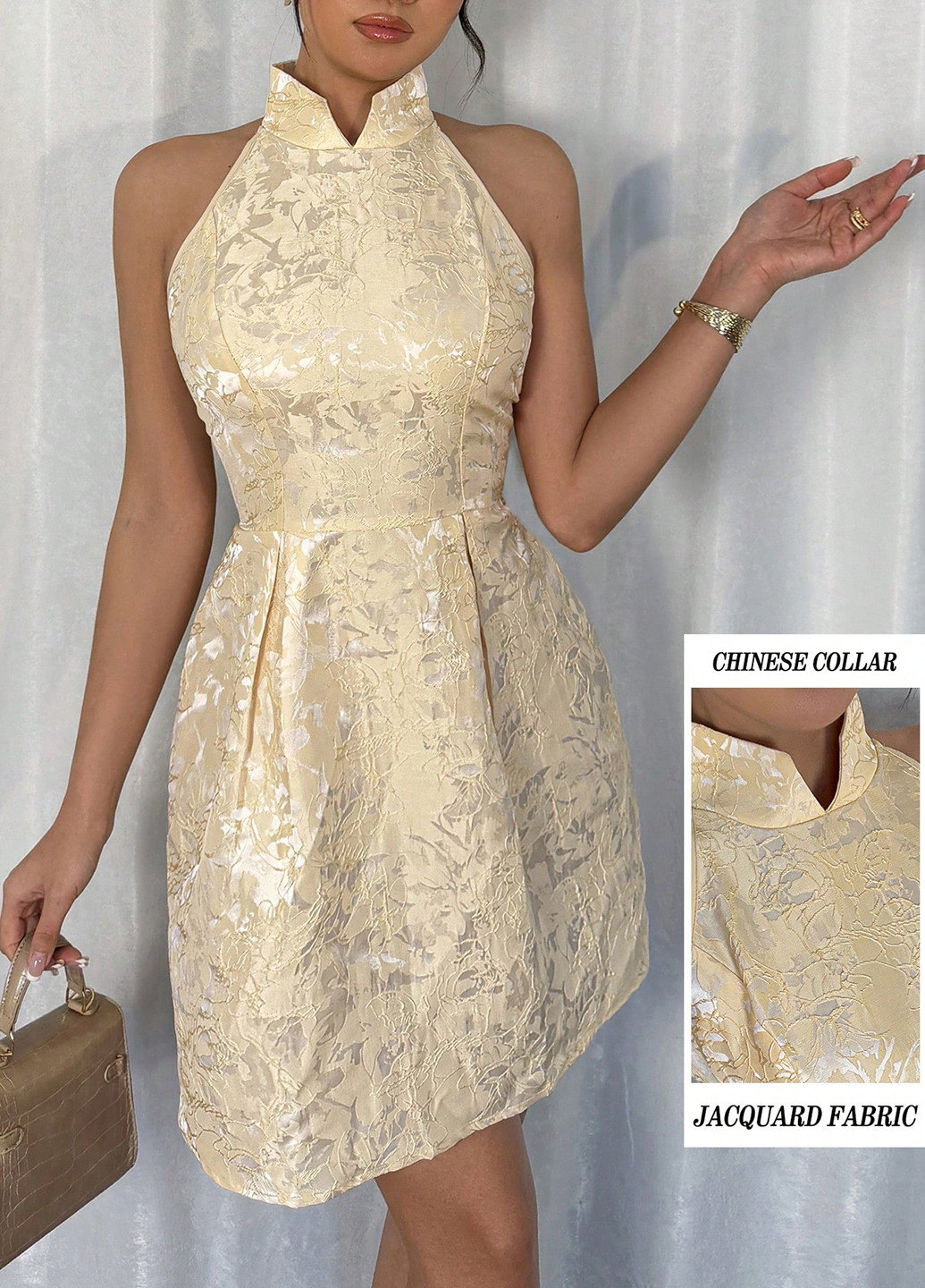 Кремовое кэжуал платье с открытыми плечами SHEIN однотонное