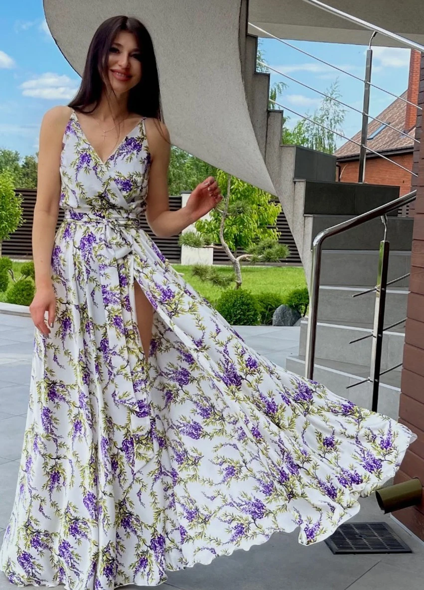 Комбинированное пляжное сарафан с юбкой-солнце, а-силуэт, на запах JadFashion с цветочным принтом